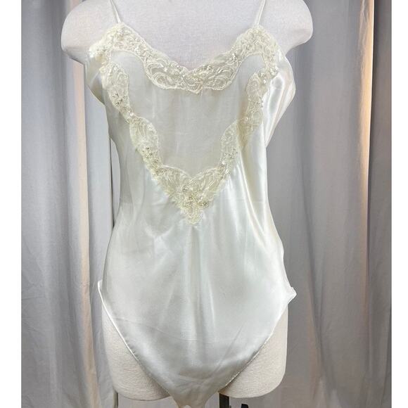 GO SOFTLY Ivory Satin Beaded Lace Teddy Bodysuit Lingerie‎ (M) Sheer Back Bridal - Picture 1 of 9